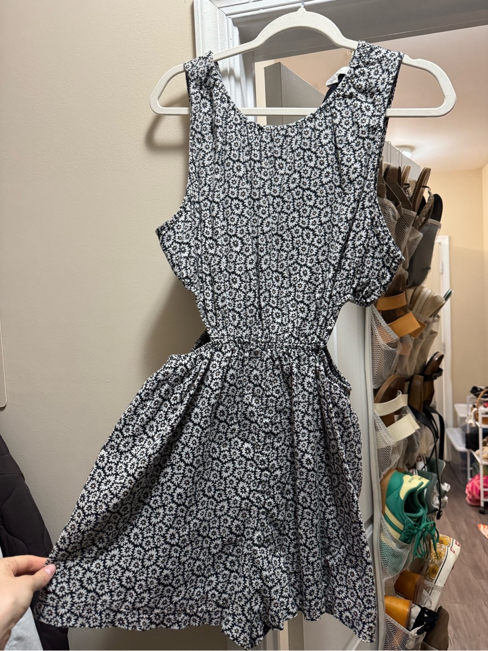 American Eagle Outfitters Black & White Floral Cutout romper